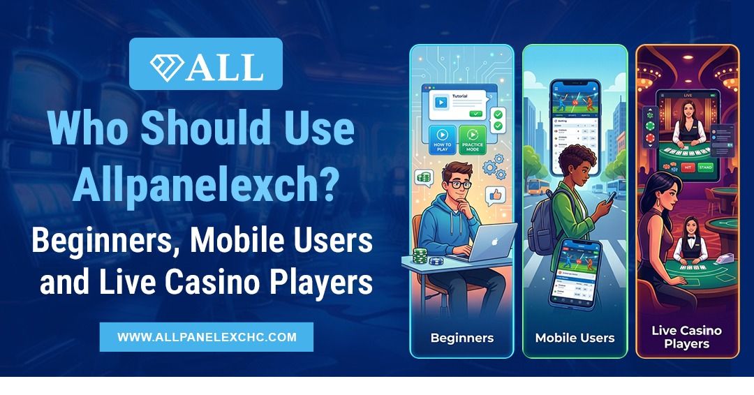 Illustration showing Allpanelexch for beginners, mobile users, and live casino players with a user-friendly platform overview and guidance.